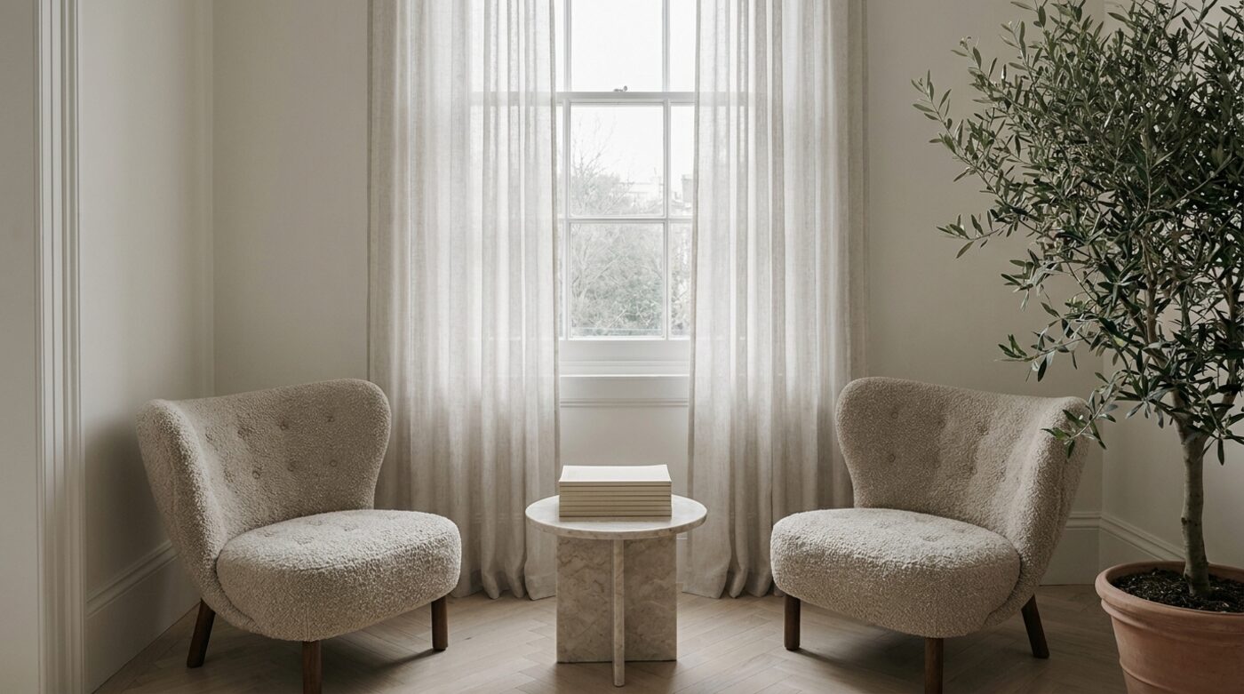 The waiting lounge at Montpellier Parade: two boucle armchairs either side of a marble table in front of a tall sash window