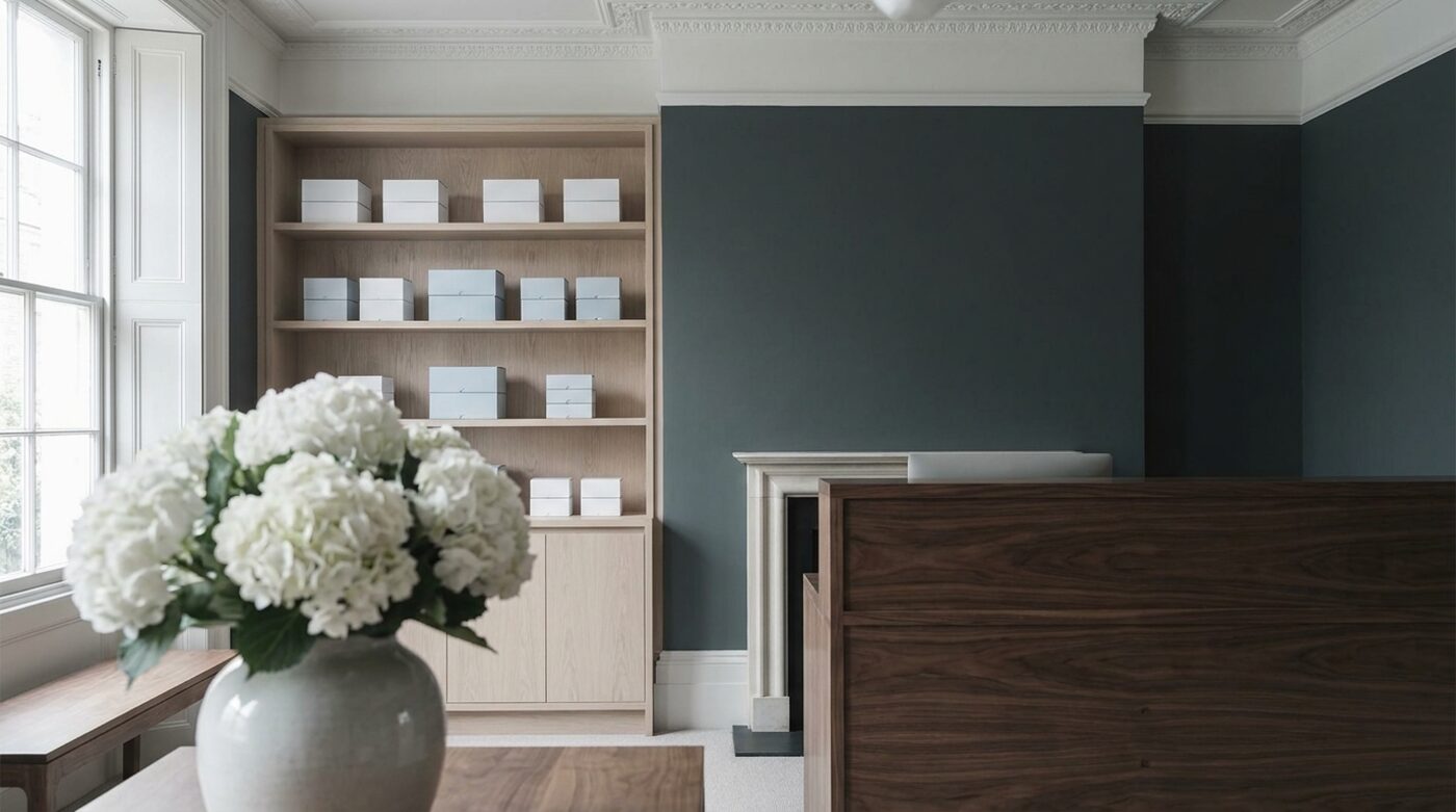 Reception at the Harrogate clinic, with a walnut desk against a deep teal wall and white hydrangeas in the foreground